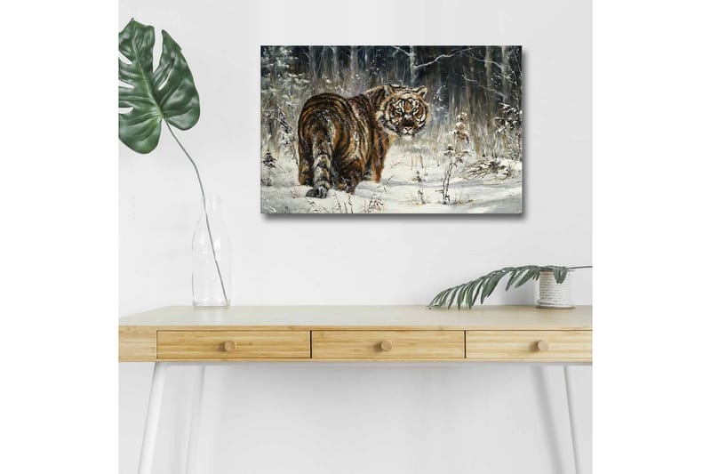 Canvastavla med LED-belysning - Tiger i snöig skogsmiljö, Orange / Vit / Grå