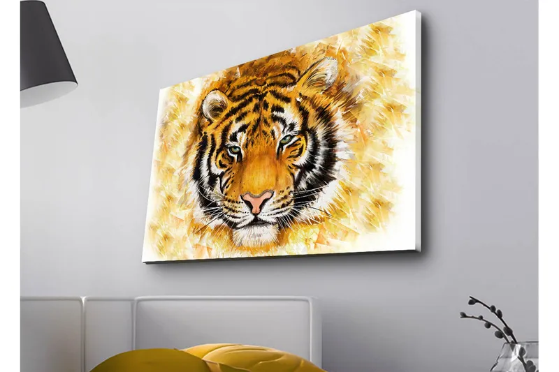 Canvastavla med LED-belysning - Tigerhuvud med intensivt uttryck, Orange / Svart / Vit