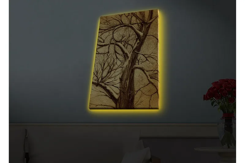Canvastavla med LED-belysning - Träd med grenar i en stiliserad, gyllene komposition - Guld / Brun - Inredning - Tavlor & konst - Canvastavlor