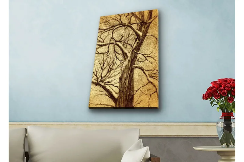 Canvastavla med LED-belysning - Träd med grenar i en stiliserad, gyllene komposition, Guld / Brun