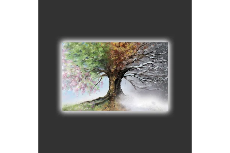 Canvastavla med LED-belysning - Träd med skiftande årstider i en harmonisk komposition - Grön / Brun / Grå - Inredning - Tavlor & konst - Canvastavlor