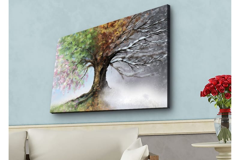 Canvastavla med LED-belysning - Träd med skiftande årstider i en harmonisk komposition, Grön / Brun / Grå