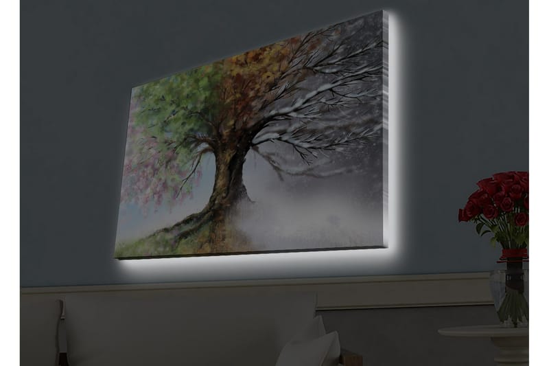 Canvastavla med LED-belysning - Träd med skiftande årstider i en harmonisk komposition - Grön / Brun / Grå - Inredning - Tavlor & konst - Canvastavlor
