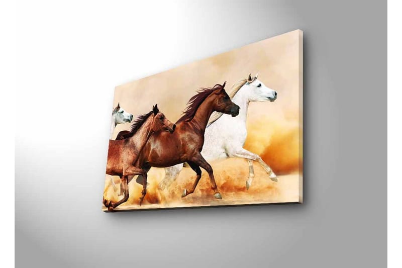 Canvastavla med LED-belysning - Tre hästar i rörelse över en sandig yta - Brun / Vit / Beige - Inredning - Tavlor & konst - Canvastavlor