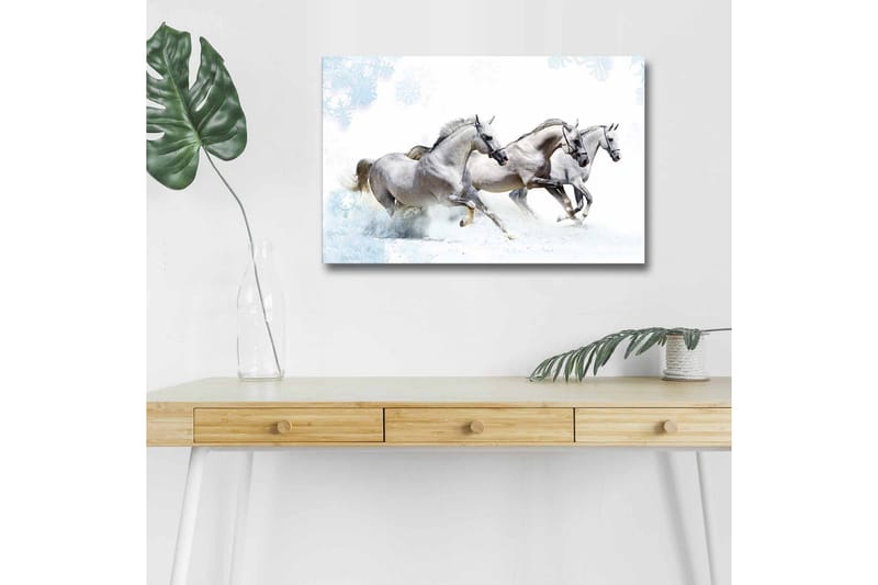 Canvastavla med LED-belysning - Tre vita hästar som galopperar genom snölandskap, Vit / Ljusgrå / Blå