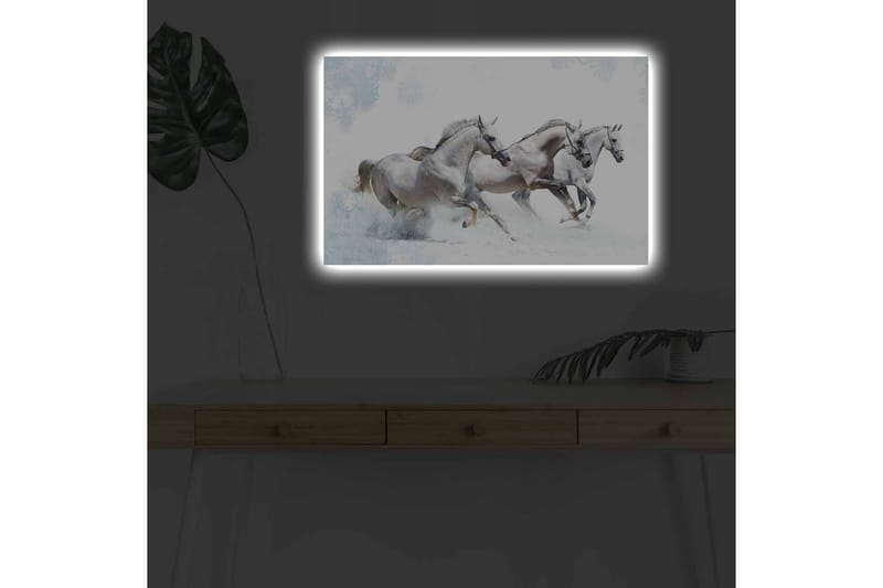 Canvastavla med LED-belysning - Tre vita hästar som galopperar genom snölandskap - Vit / Ljusgrå / Blå - Inredning - Tavlor & konst - Canvastavlor