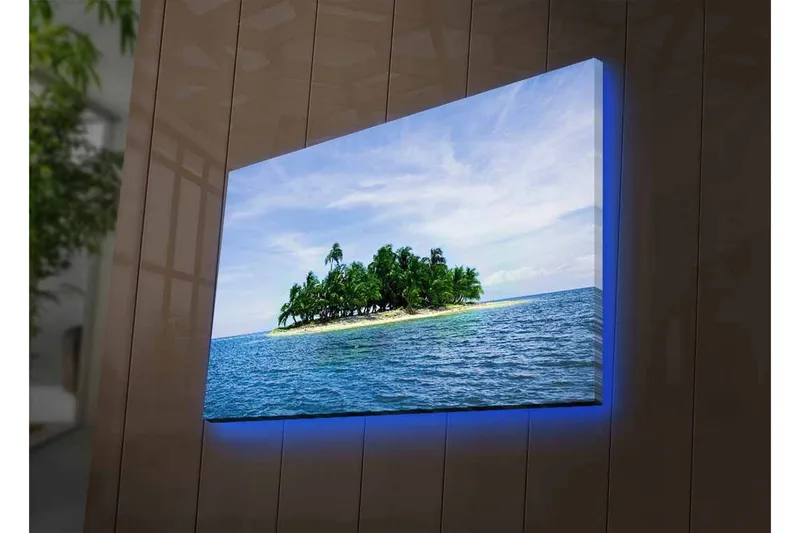 Canvastavla med LED-belysning - Tropisk ö med palmer omgiven av klart blått hav - Blå / Grön / Beige - Inredning - Tavlor & konst - Canvastavlor