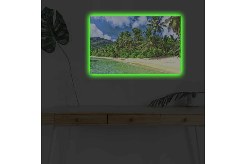 Canvastavla med LED-belysning - Tropisk strand med palmer och klart vatten - Grön / Blå / Sandfärgad - Inredning - Tavlor & konst - Canvastavlor