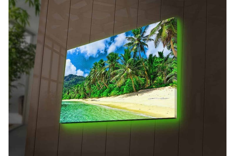 Canvastavla med LED-belysning - Tropisk strand med palmer och klart vatten - Grön / Blå / Sandfärgad - Inredning - Tavlor & konst - Canvastavlor