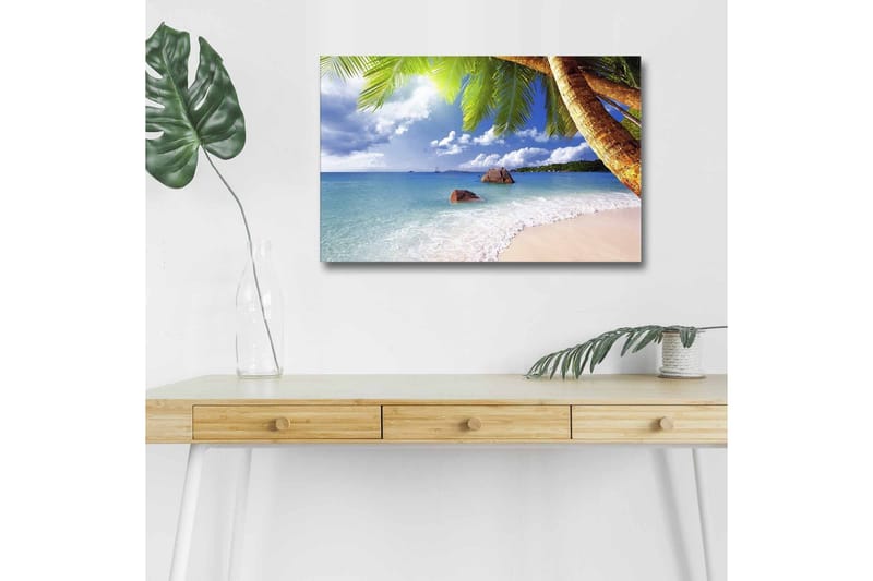 Canvastavla med LED-belysning - Tropisk strand med palmer och klart blått hav - Blå / Grön / Beige - Inredning - Tavlor & konst - Canvastavlor