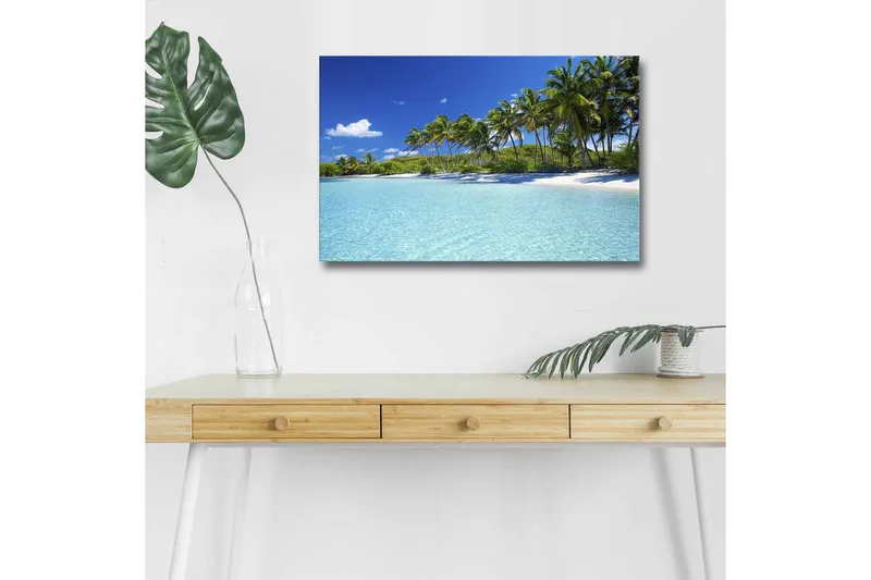 Canvastavla med LED-belysning - Tropisk strand med palmer och klart vatten, Blå / Grön / Vit