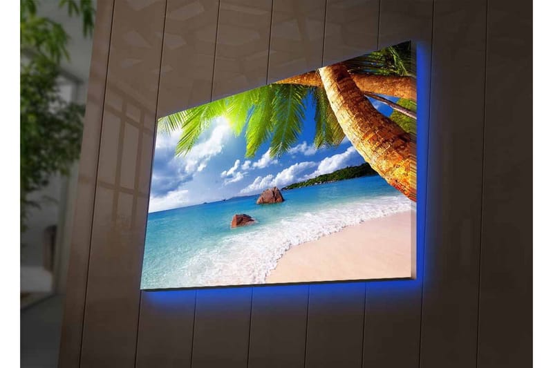 Canvastavla med LED-belysning - Tropisk strand med palmer och klart blått hav - Blå / Grön / Beige - Inredning - Tavlor & konst - Canvastavlor