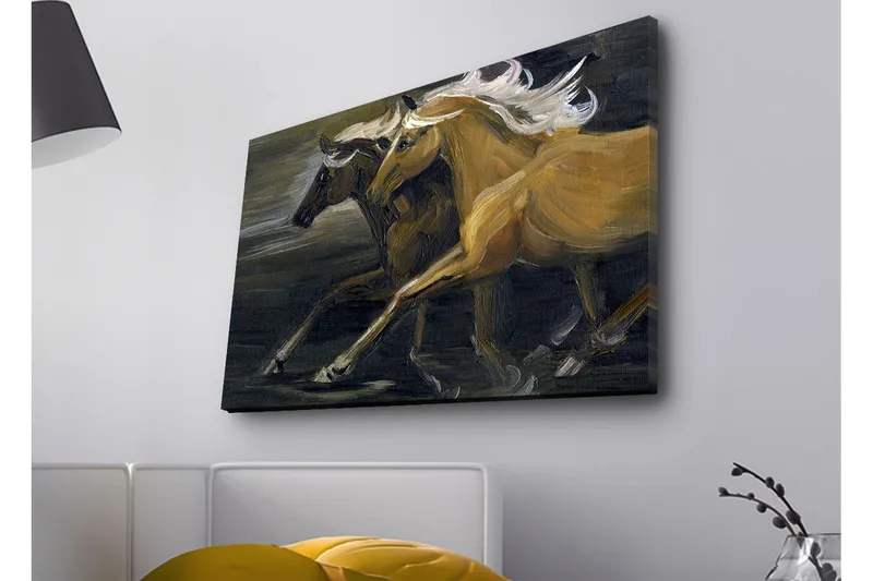 Canvastavla med LED-belysning - Två hästar i rörelse med kraftfulla muskulösa former - Guld / Svart - Inredning - Tavlor & konst - Canvastavlor