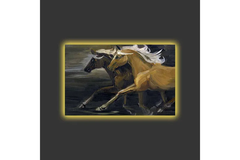 Canvastavla med LED-belysning - Två hästar i rörelse med kraftfulla muskulösa former - Guld / Svart - Inredning - Tavlor & konst - Canvastavlor