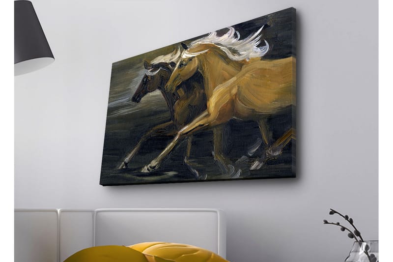 Canvastavla med LED-belysning - Två hästar i rörelse med kraftfulla muskulösa former - Guld / Svart - Inredning - Tavlor & konst - Canvastavlor