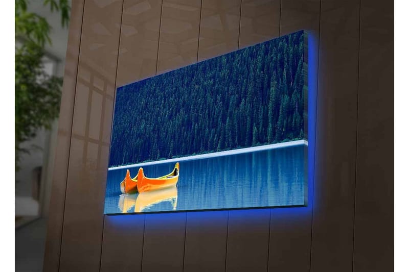 Canvastavla med LED-belysning - Två kanoter i en spegelblanka sjö omgiven av tät skog - Blå / Orange - Inredning - Tavlor & konst - Canvastavlor