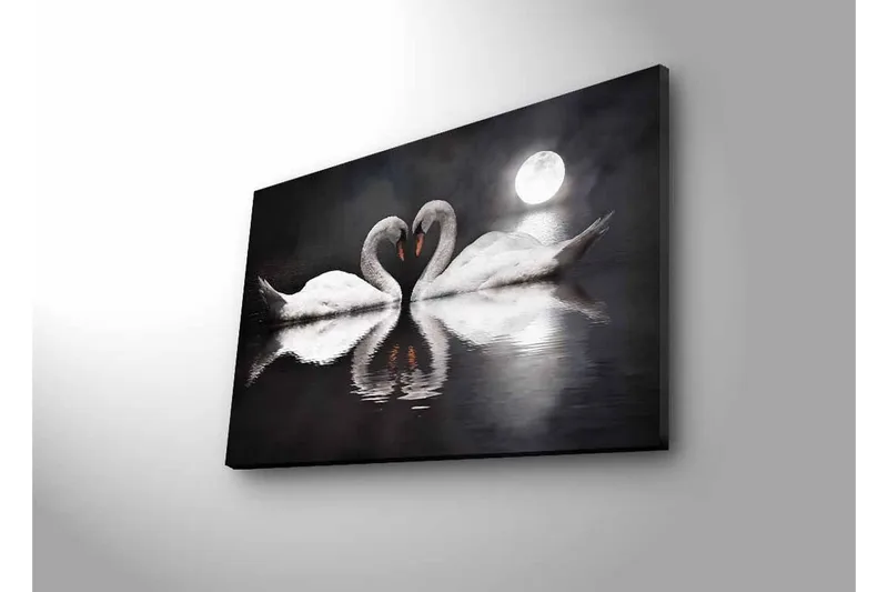 Canvastavla med LED-belysning - Två svanar som formar ett hjärta i en spegelblanka sjö under en måne - Vit / Svart / Grå - Inredning - Tavlor & konst - Canvastavlor