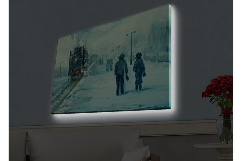 Canvastavla med LED-belysning - Två personer som promenerar i snön under en dimmig himmel - Blå / Vit / Grå - Inredning - Tavlor & konst - Canvastavlor