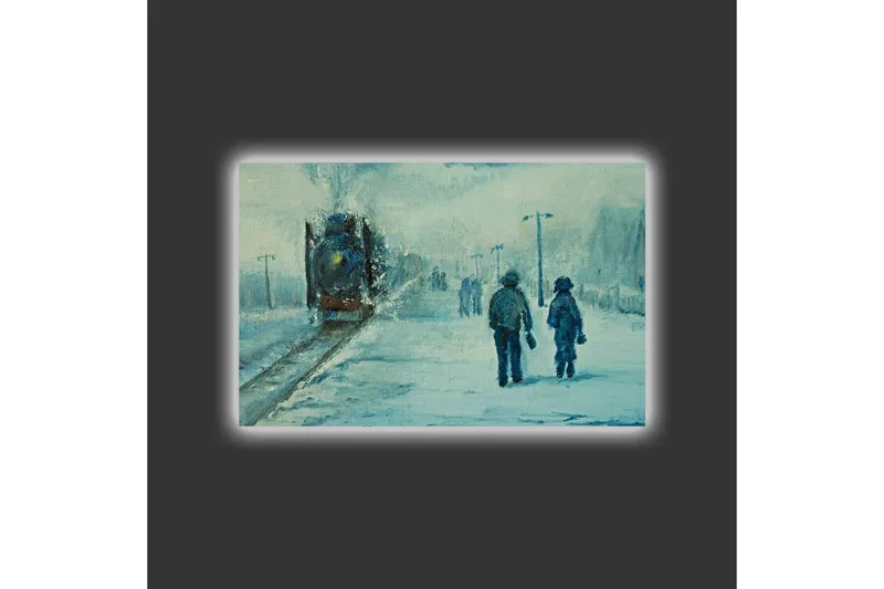 Canvastavla med LED-belysning - Två personer som promenerar i snön under en dimmig himmel - Blå / Vit / Grå - Inredning - Tavlor & konst - Canvastavlor