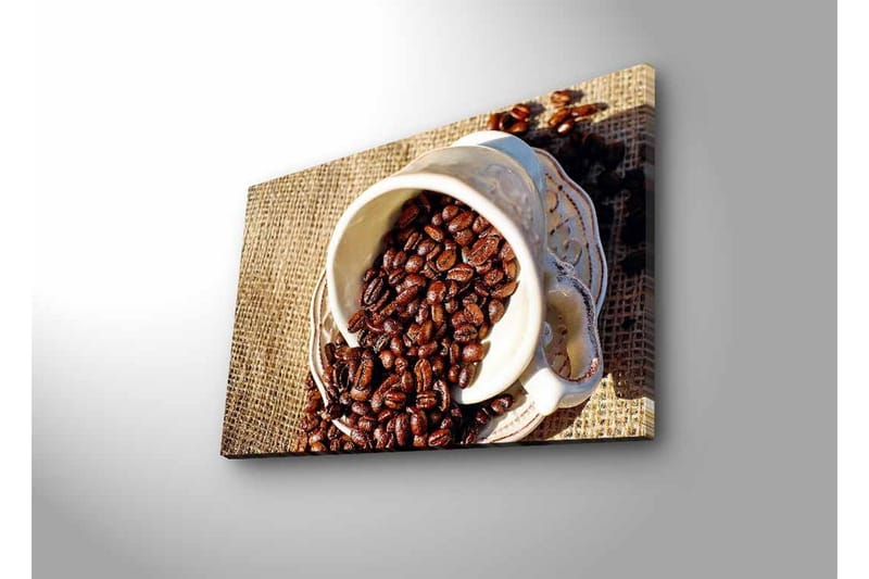 Canvastavla med LED-belysning - Utkast av en kopp med kaffebönor som sprider sig över en juteväv - Mörkbrun / Beige - Inredning - Tavlor & konst - Canvastavlor