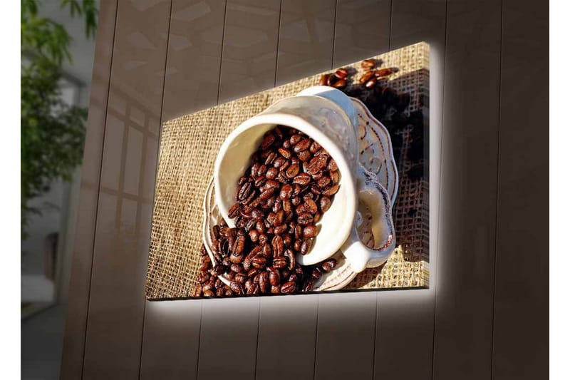 Canvastavla med LED-belysning - Utkast av en kopp med kaffebönor som sprider sig över en juteväv - Mörkbrun / Beige - Inredning - Tavlor & konst - Canvastavlor