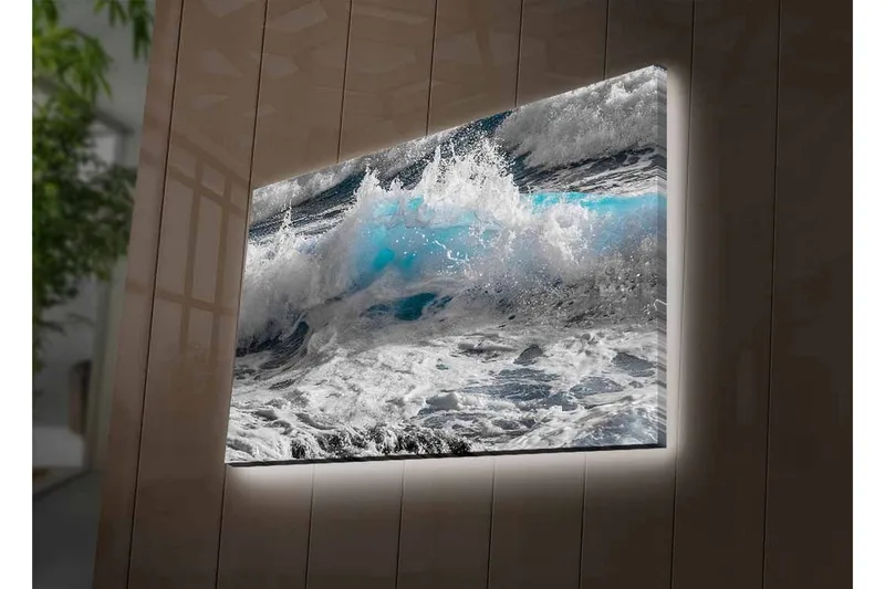 Canvastavla med LED-belysning - Vågskvalp i dramatiska nyanser av blått och vitt - Blå / Vit / Grå - Inredning - Tavlor & konst - Canvastavlor