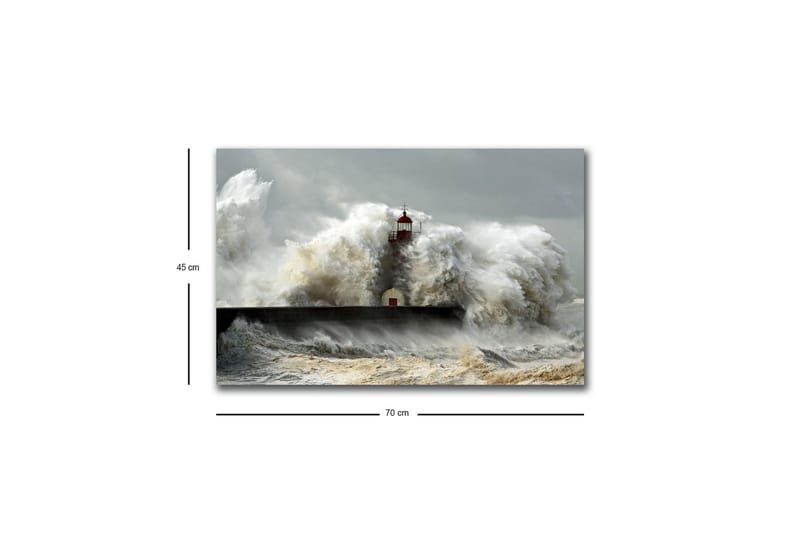 Canvastavla med LED-belysning - Vågskvalp som slår mot en fyr i stormigt väder - Grå / Vit / Brun - Inredning - Tavlor & konst - Canvastavlor