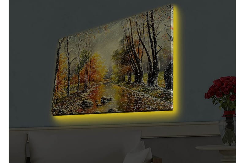 Canvastavla med LED-belysning - Vacker höstlandskap med en spegelblanka flod omgiven av färgglada träd - Orange / Grön / Brun - Inredning - Tavlor & konst - Canvastavlor