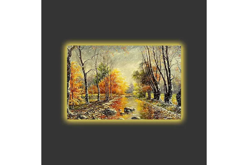 Canvastavla med LED-belysning - Vacker höstlandskap med en spegelblanka flod omgiven av färgglada träd - Orange / Grön / Brun - Inredning - Tavlor & konst - Canvastavlor