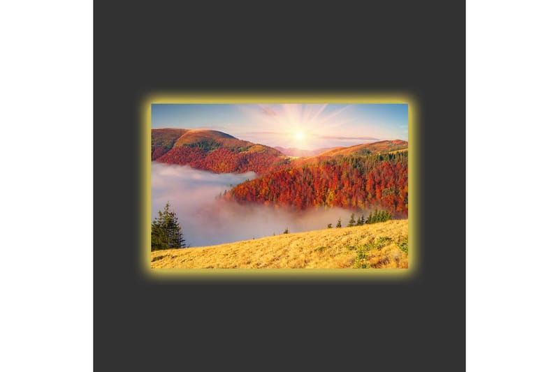 Canvastavla med LED-belysning - Vacker höstlandskap med färgglada träd och soluppgång - Röd / Orange / Gul - Inredning - Tavlor & konst - Canvastavlor