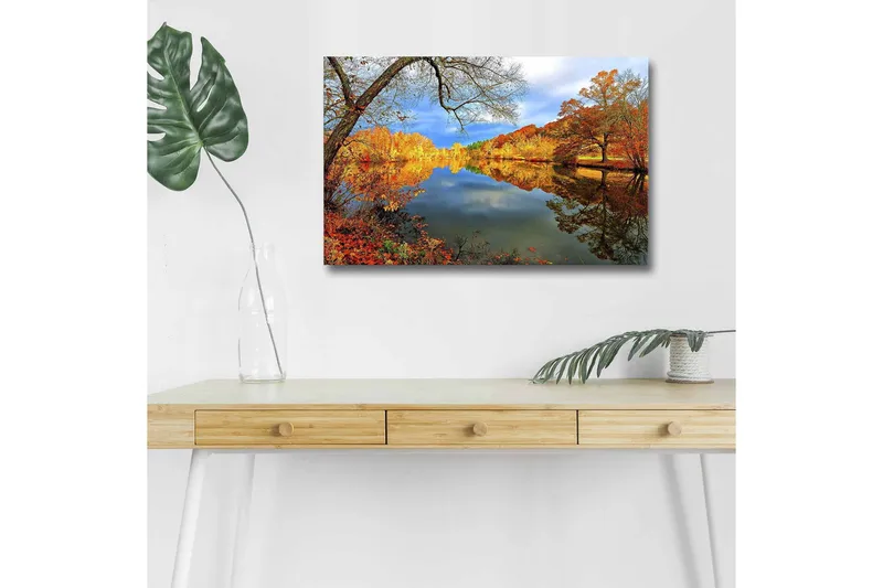 Canvastavla med LED-belysning - Vacker höstlandskap med spegelblanka sjöar och färgglada träd - Orange / Gult / Grönt - Inredning - Tavlor & konst - Canvastavlor