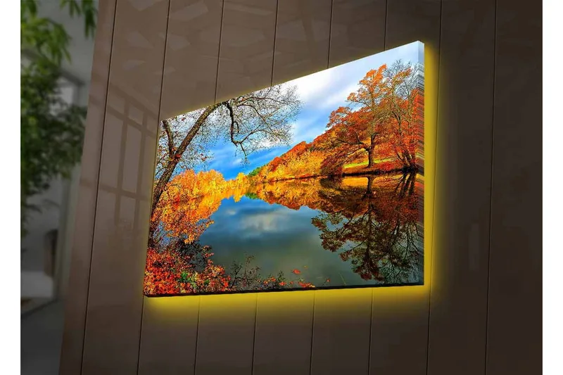 Canvastavla med LED-belysning - Vacker höstlandskap med spegelblanka sjöar och färgglada träd - Orange / Gult / Grönt - Inredning - Tavlor & konst - Canvastavlor