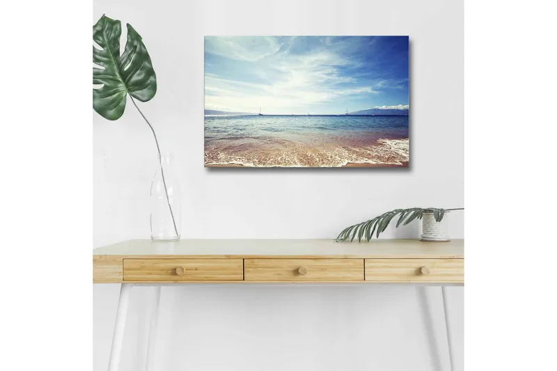 Canvastavla med LED-belysning - Vacker havsutsikt med klarblå himmel och mjuka vågor, Blå / Beige / Vit