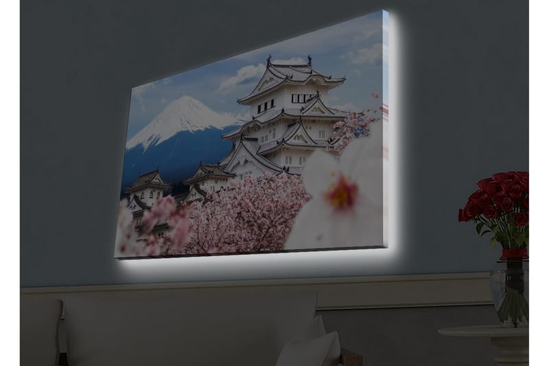 Canvastavla med LED-belysning - Vacker japansk slott med körsbärsblommor och Mount Fuji i bakgrunden - Vit / Rosa / Blå - Inredning - Tavlor & konst - Canvastavlor