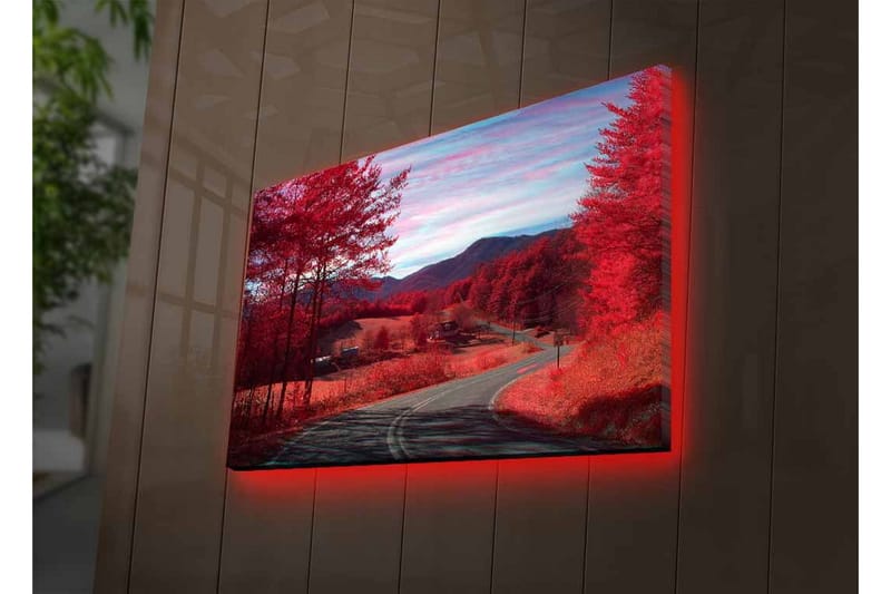 Canvastavla med LED-belysning - Vacker landskapsvy med röda träd och en slingrande väg - Röd / Grå / Blå - Inredning - Tavlor & konst - Canvastavlor
