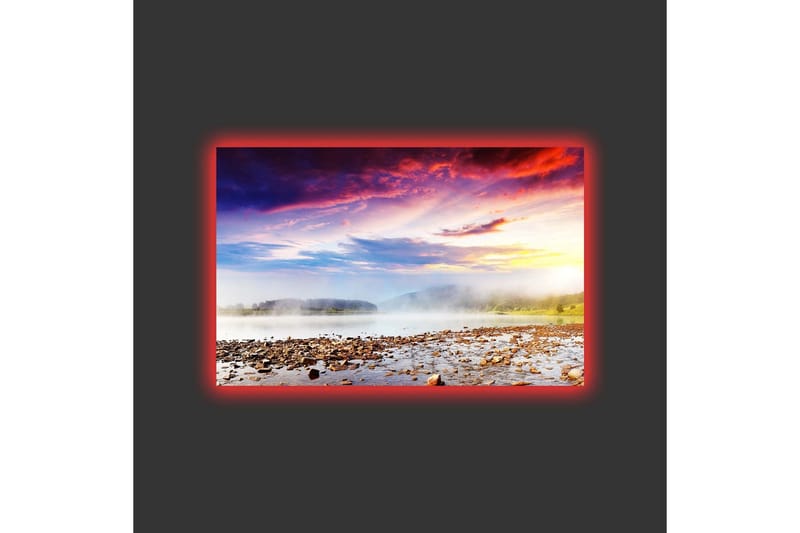 Canvastavla med LED-belysning - Vacker landskapsvy med soluppgång över en dimmig sjö - Lila / Orange / Blå - Inredning - Tavlor & konst - Canvastavlor