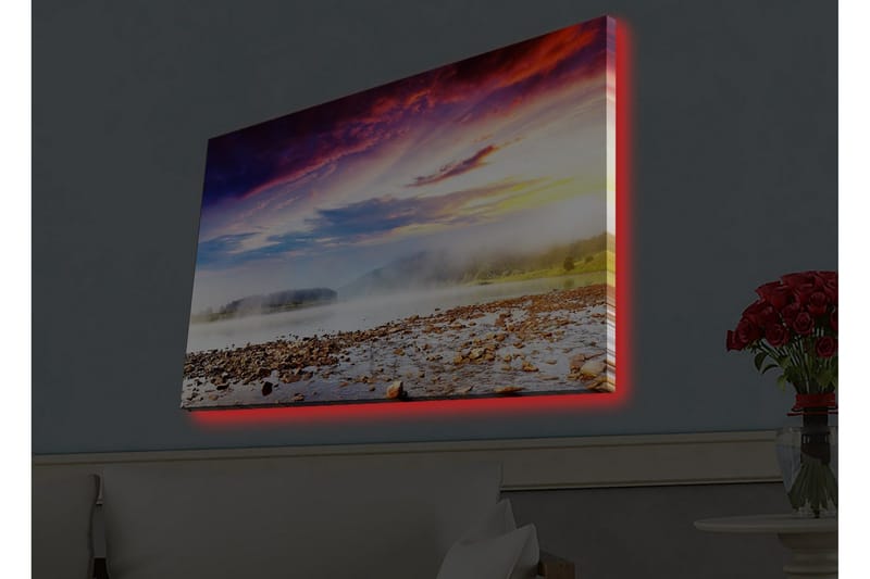 Canvastavla med LED-belysning - Vacker landskapsvy med soluppgång över en dimmig sjö - Lila / Orange / Blå - Inredning - Tavlor & konst - Canvastavlor