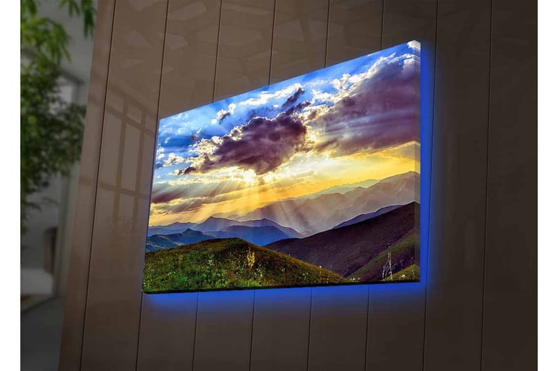 Canvastavla med LED-belysning - Vacker solnedgång över berg och dalar - Blå / Orange / Grön - Inredning - Tavlor & konst - Canvastavlor