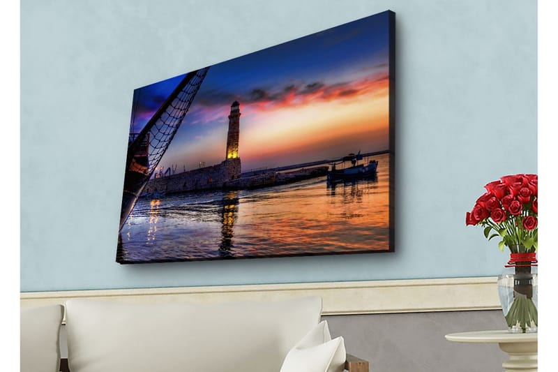 Canvastavla med LED-belysning - Vacker solnedgång över en hamn med en fyr och båtar - Mörkblå / Orange / Lila - Inredning - Tavlor & konst - Canvastavlor