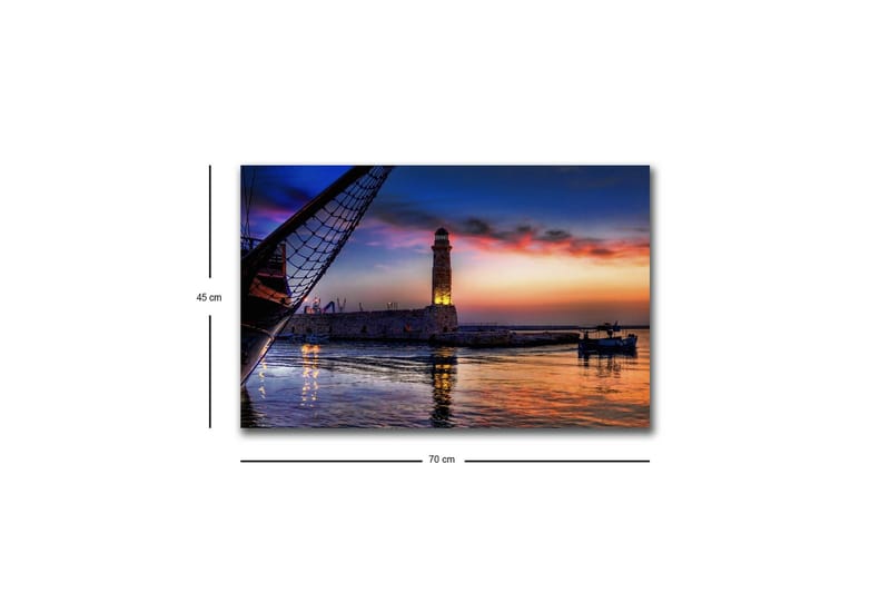 Canvastavla med LED-belysning - Vacker solnedgång över en hamn med en fyr och båtar - Mörkblå / Orange / Lila - Inredning - Tavlor & konst - Canvastavlor