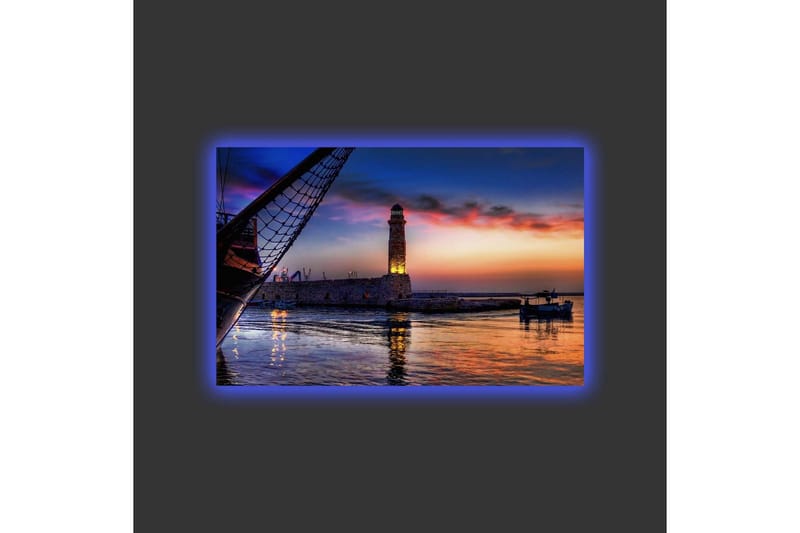 Canvastavla med LED-belysning - Vacker solnedgång över en hamn med en fyr och båtar - Mörkblå / Orange / Lila - Inredning - Tavlor & konst - Canvastavlor