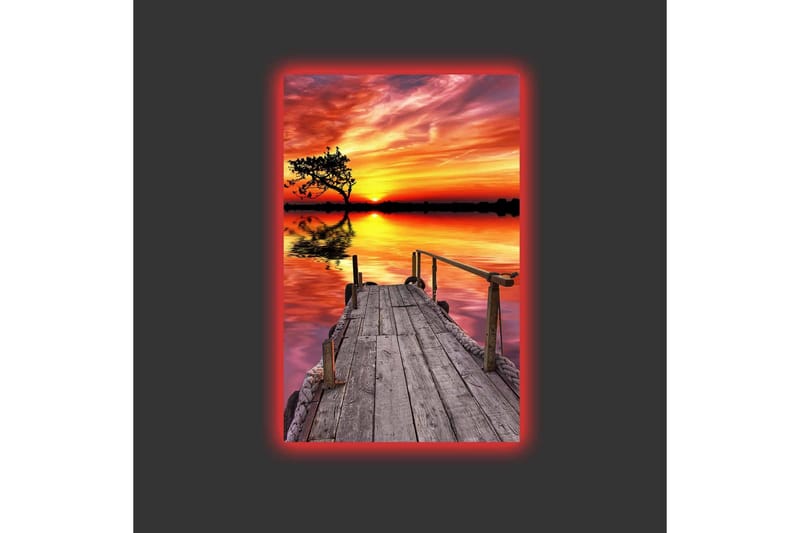 Canvastavla med LED-belysning - Vacker solnedgång över en stilla sjö med en träbrygga i förgrunden - Orange / Lila / Grön - Inredning - Tavlor & konst - Canvastavlor