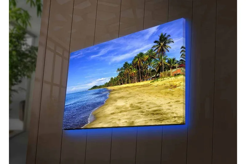 Canvastavla med LED-belysning - Vacker strand med palmer och klarblå himmel - Blå / Grön / Beige - Inredning - Tavlor & konst - Canvastavlor