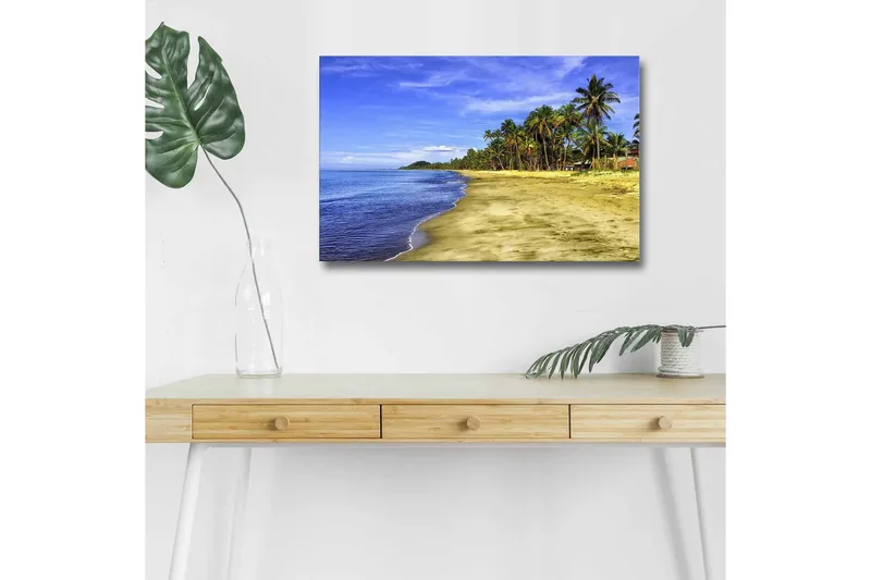 Canvastavla med LED-belysning - Vacker strand med palmer och klarblå himmel, Blå / Grön / Beige