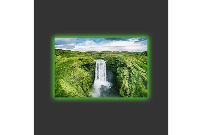 Canvastavla med LED-belysning - Vacker vattenfall i en grönskande dalgång - Grön / Vit / Blå - Inredning - Tavlor & konst - Canvastavlor