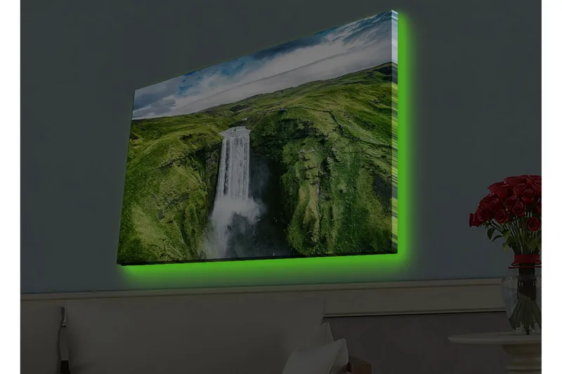 Canvastavla med LED-belysning - Vacker vattenfall i en grönskande dalgång - Grön / Vit / Blå - Inredning - Tavlor & konst - Canvastavlor