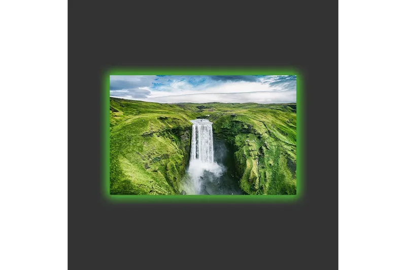 Canvastavla med LED-belysning - Vacker vattenfall i en grönskande dalgång - Grön / Vit / Blå - Inredning - Tavlor & konst - Canvastavlor