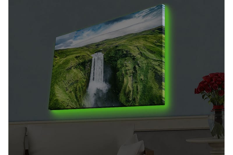 Canvastavla med LED-belysning - Vacker vattenfall i en grönskande dalgång - Grön / Vit / Blå - Inredning - Tavlor & konst - Canvastavlor