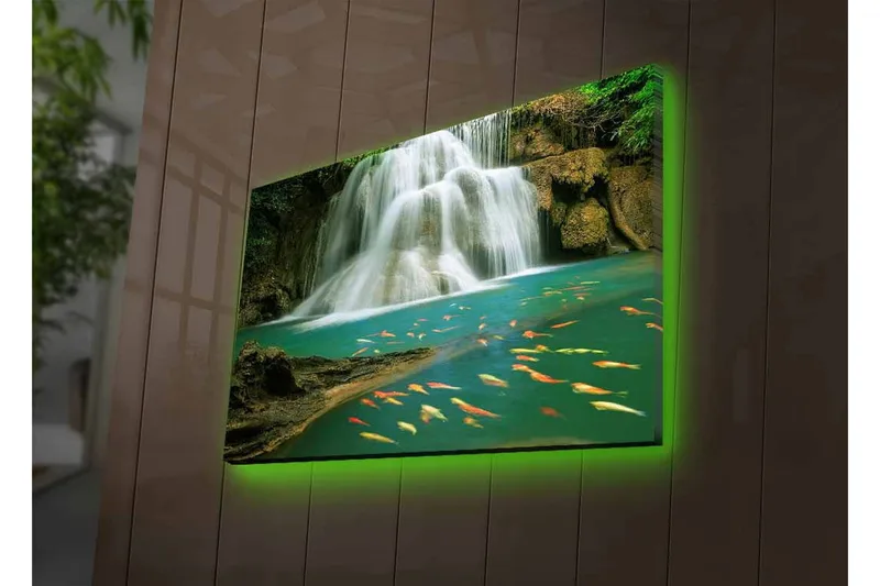 Canvastavla med LED-belysning - Vacker vattenfall med simmande karpar i klart vatten - Turkos / Grön / Orange - Inredning - Tavlor & konst - Canvastavlor