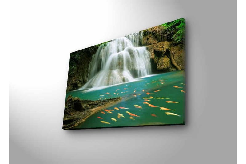 Canvastavla med LED-belysning - Vacker vattenfall med simmande karpar i klart vatten - Turkos / Grön / Orange - Inredning - Tavlor & konst - Canvastavlor